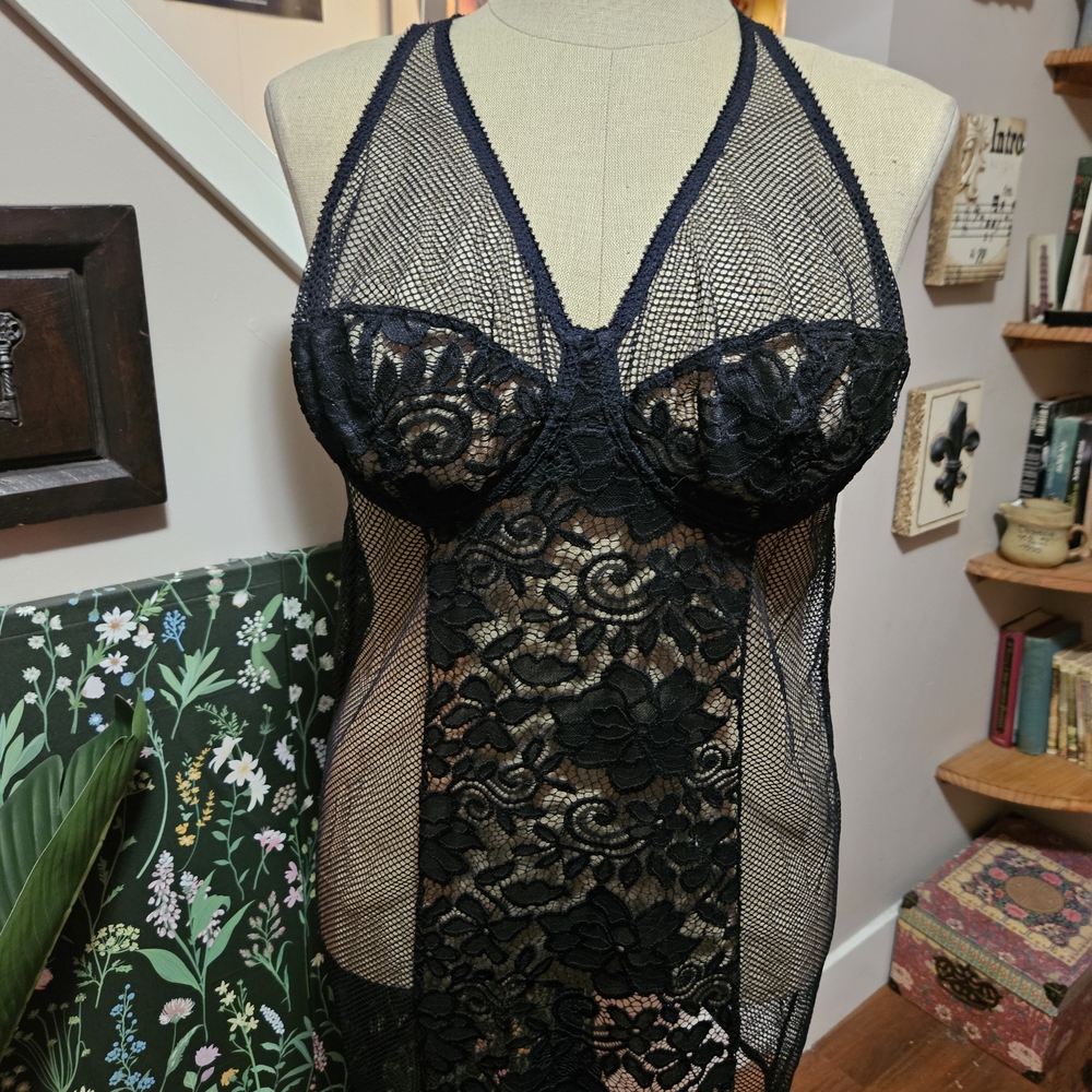 Black Lace And Fishnet Slip Dress